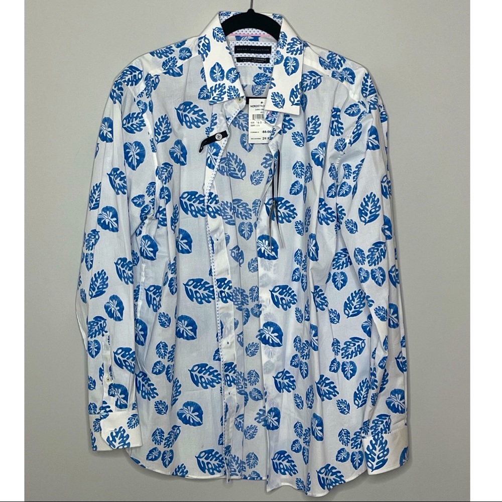 Report Collection Men’s White with Royal Blue Design Button Down Shirt Size L